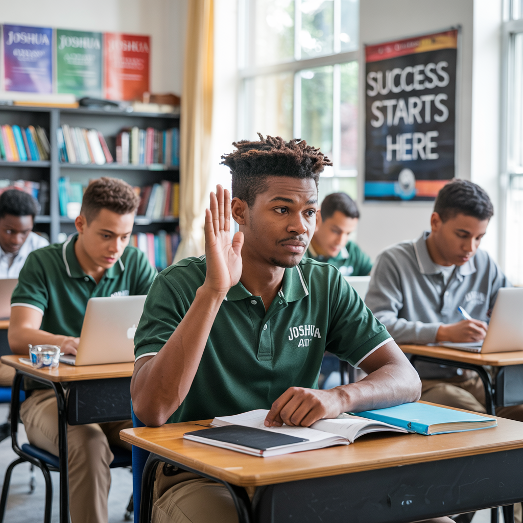 Joshua Academy student raising hand in classroom with 'Success Starts Here' banner visible