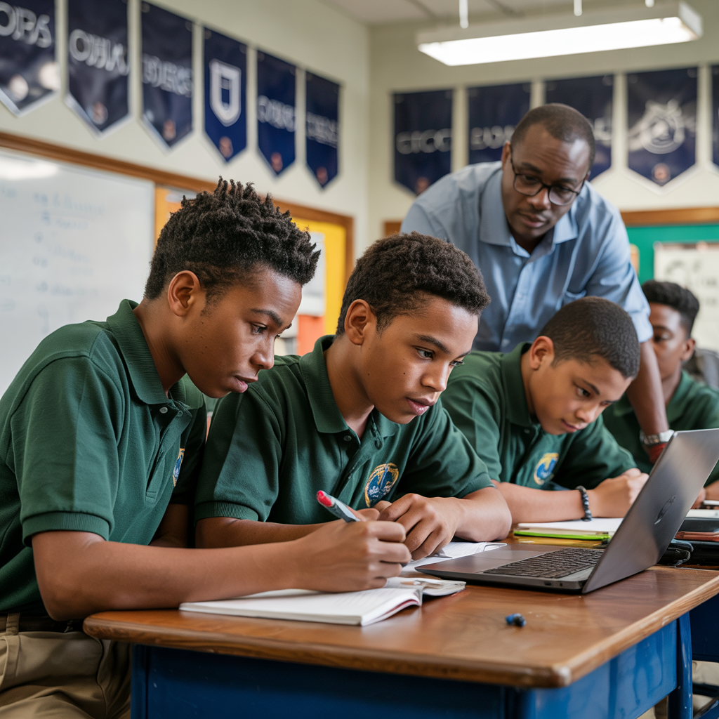 Teacher helping students with collaborative learning at Joshua Academy